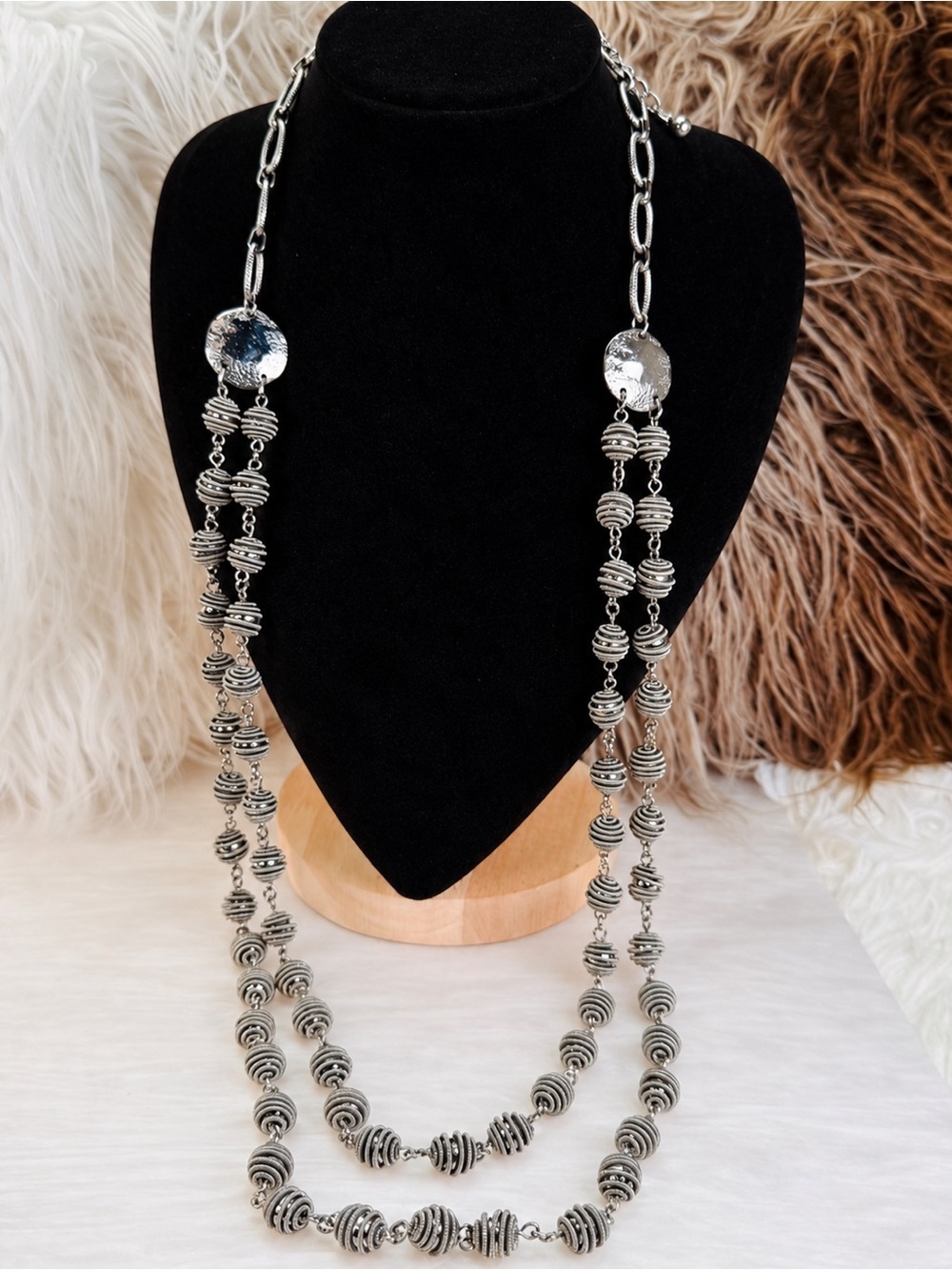 Beautiful aged Silvertone weighted, long, layering necklace
